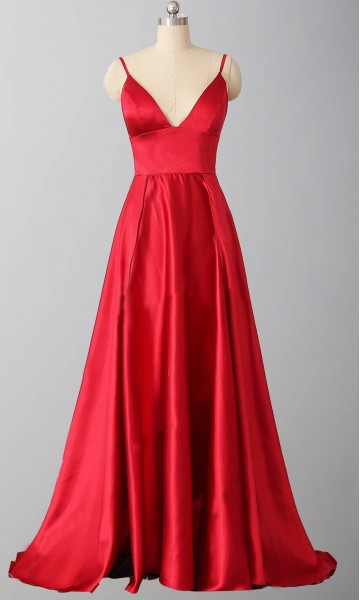 Long red spaghetti strap clearance dress